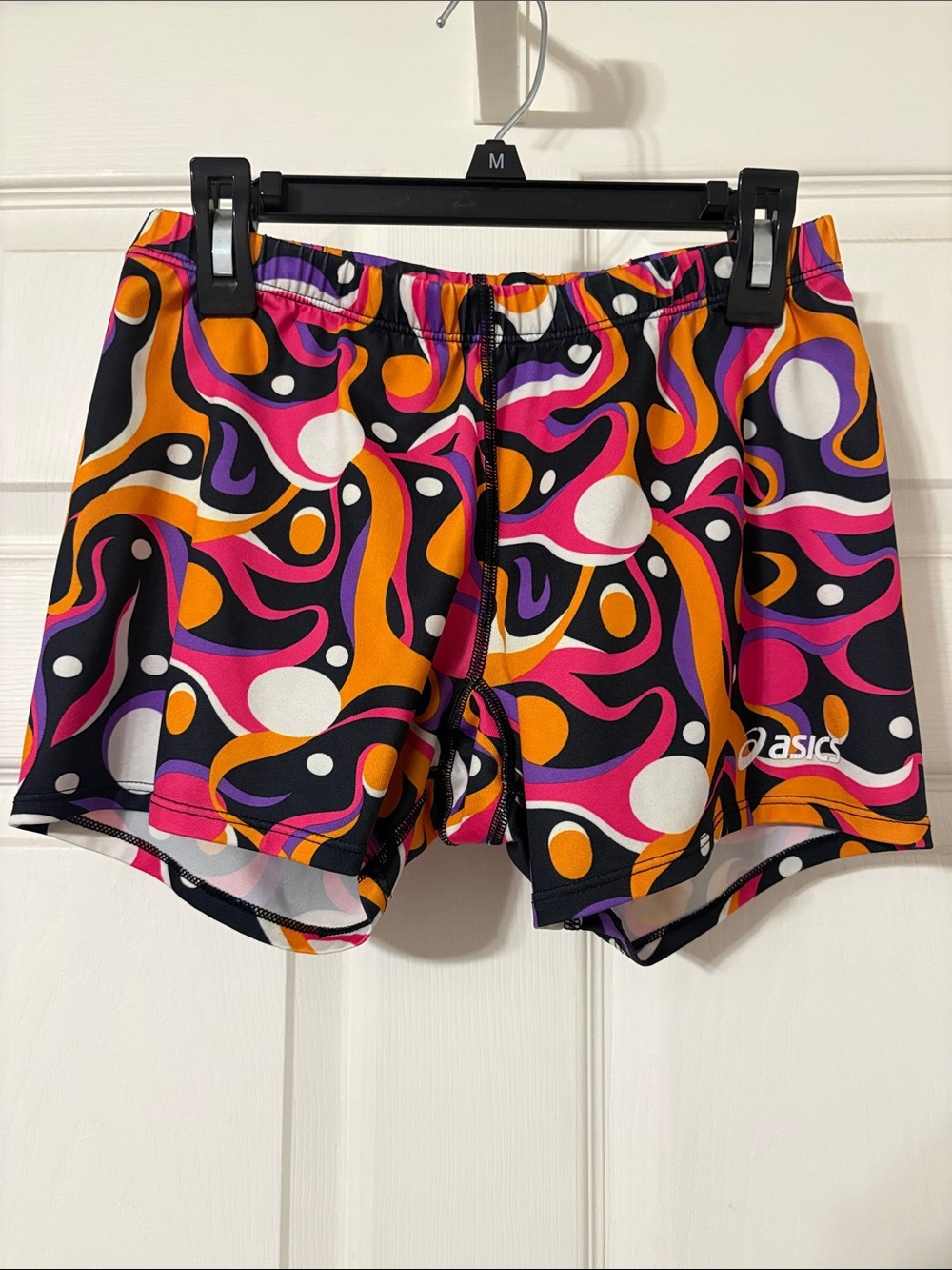 Asics Women’s Black, Pink, Orange & White Abstract Athletic Shorts
